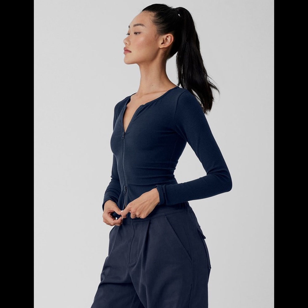 ALO Stardust full zip jacket top navy small $98 ribbed sold out S
